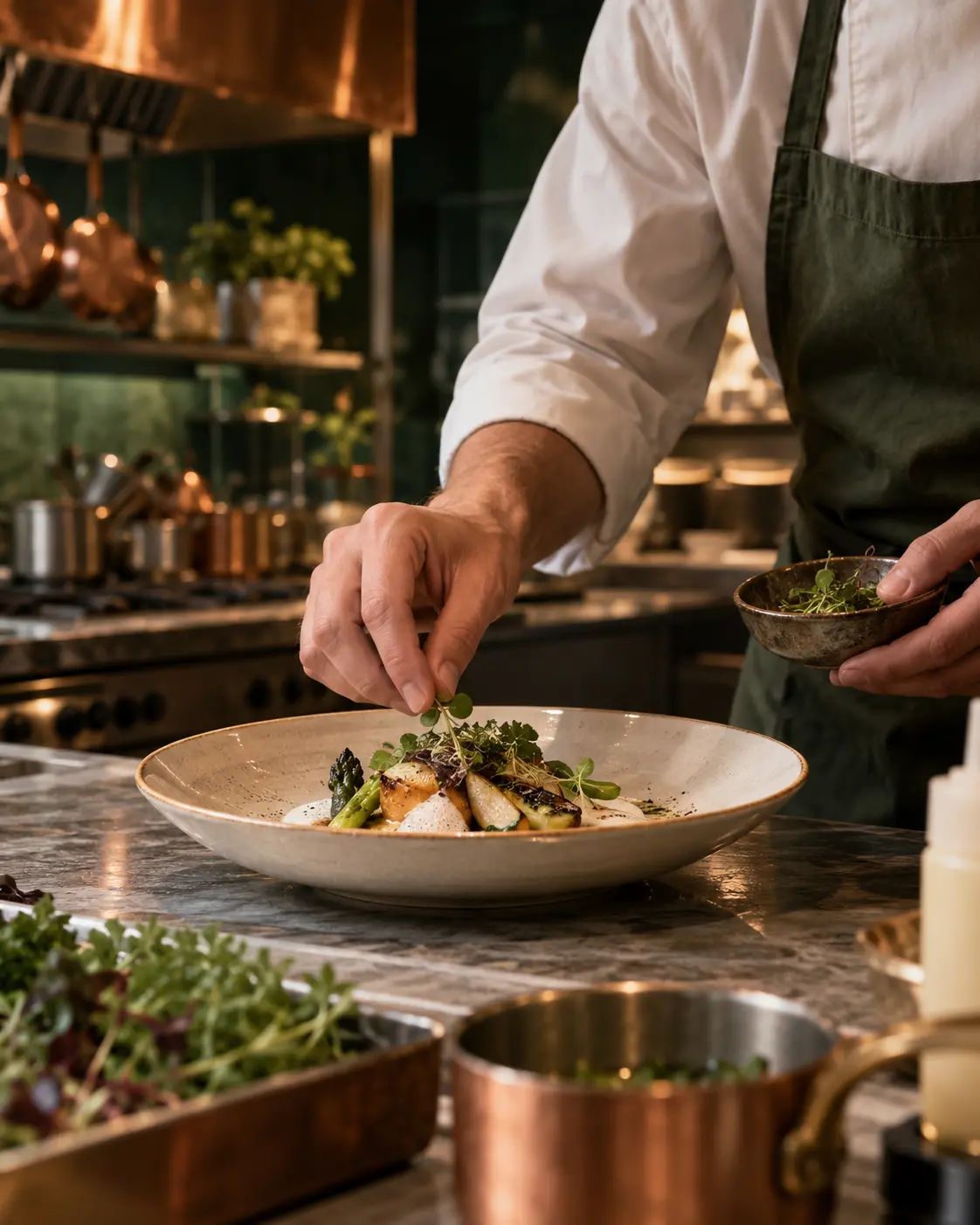 Chef dressant une assiette en cuisine