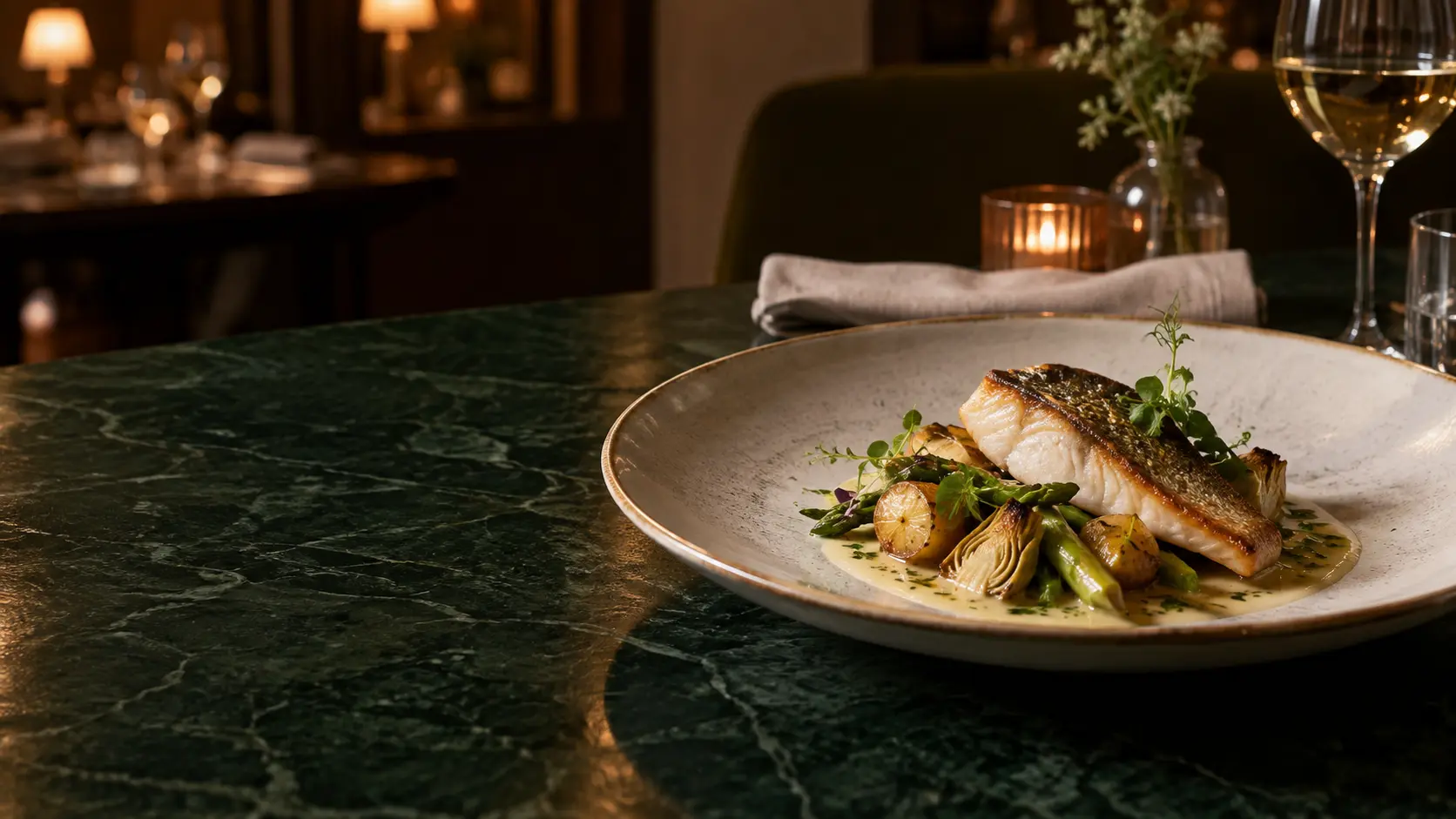 Assiette de poisson et légumes de saison dans une ambiance chaleureuse